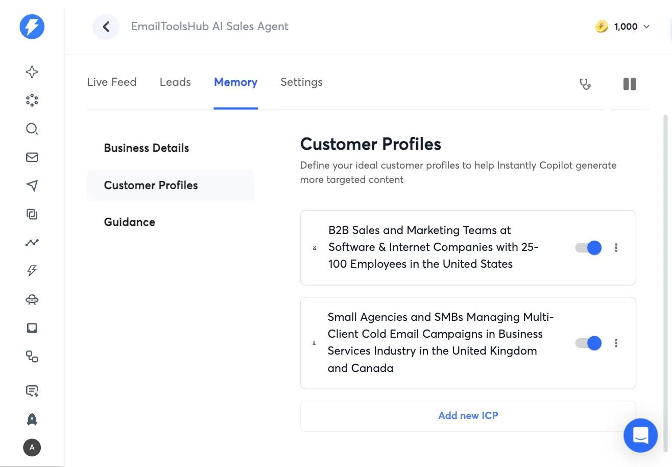 Customer profiles generated automatically by Instantly from a website URL