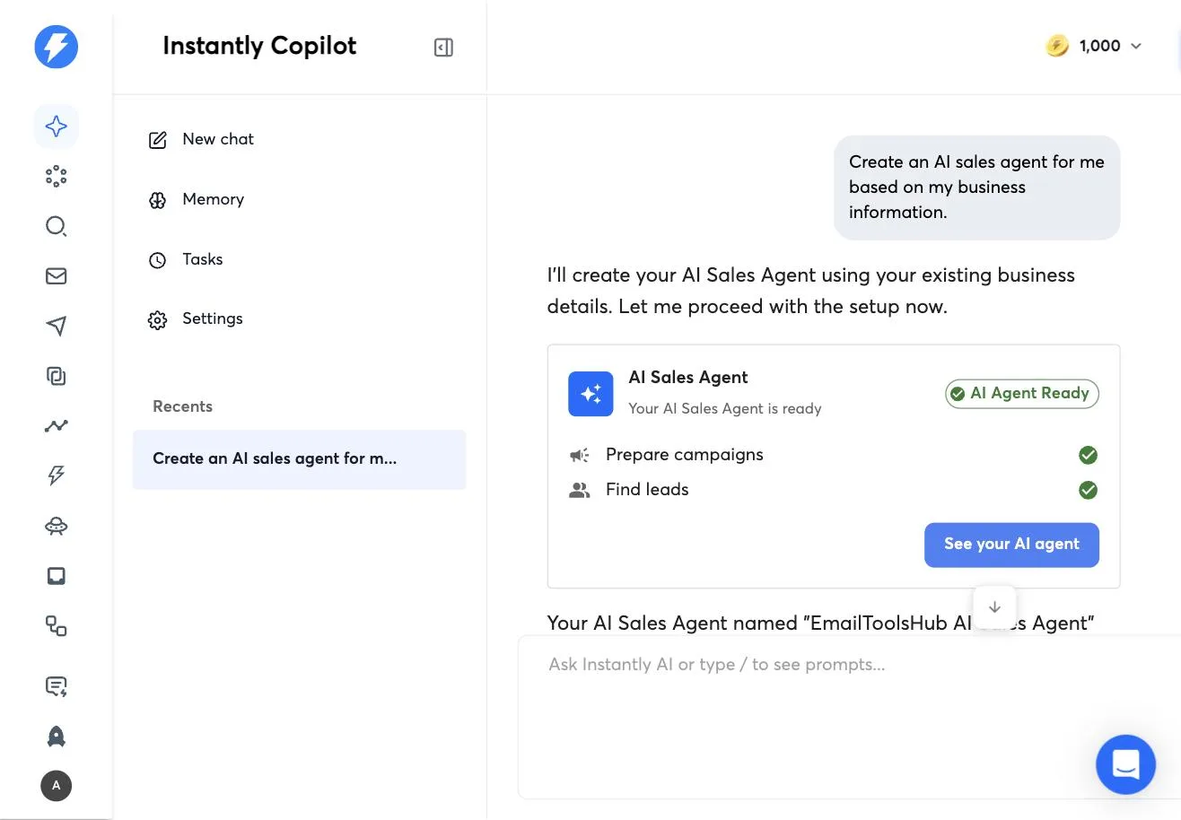 Instantly Copilot creating an AI Sales Agent automatically during onboarding