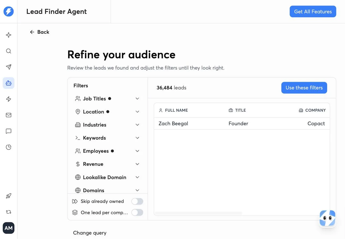 Instantly Lead Finder Agent audience filters parsed from a plain language description