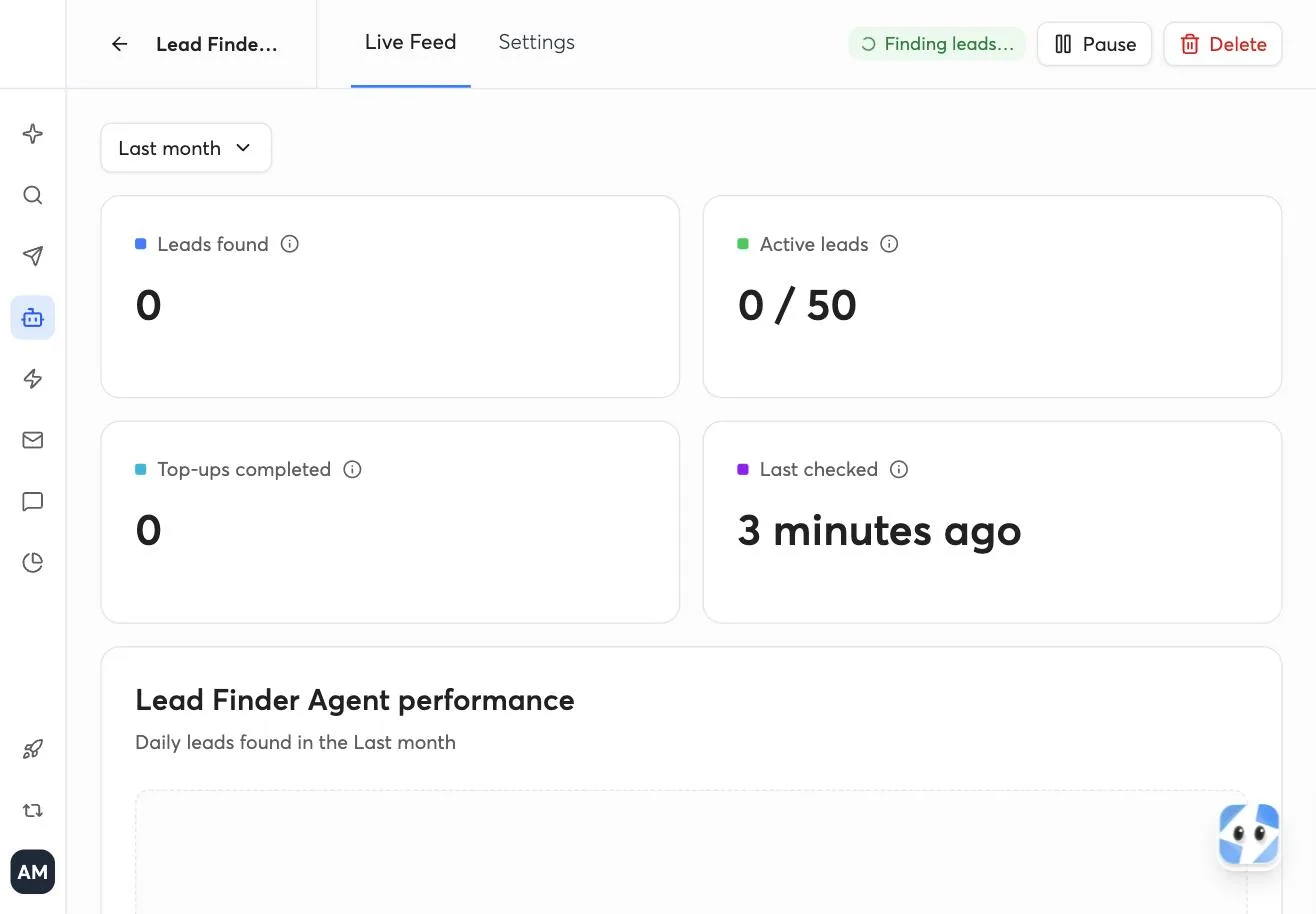 Instantly Lead Finder Agent live feed during first top-up