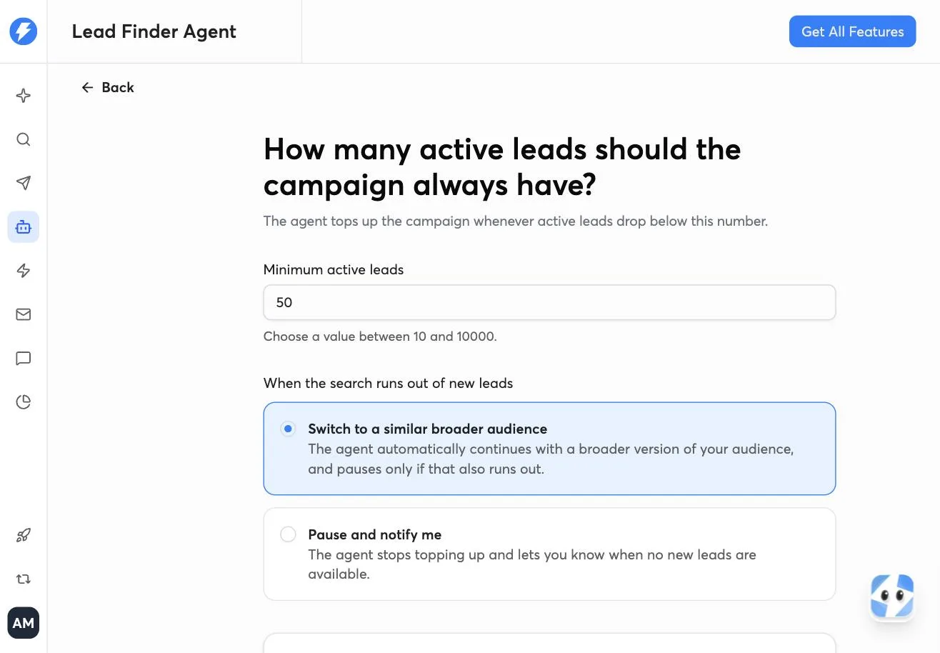 Instantly Lead Finder Agent top-up rules with the broader audience default